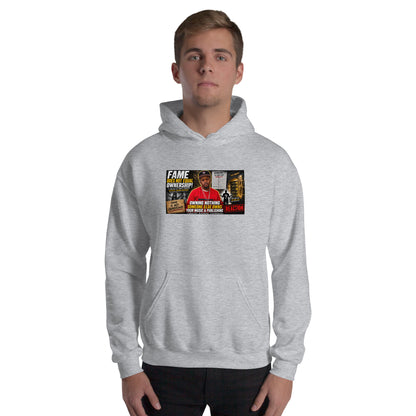 Light gray unisex pullover hoodie, front view with hood and chest graphic print