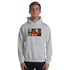 Light gray unisex pullover hoodie, front view with hood and chest graphic print