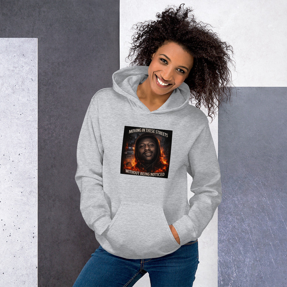 Light gray streetwear hoodie with hood and front graphic print