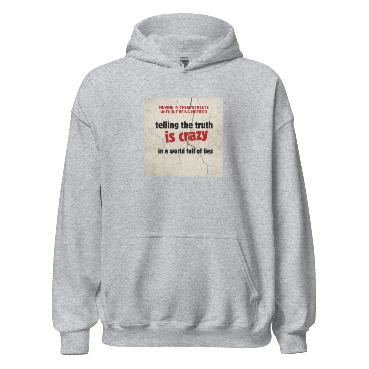 Light gray pullover hoodie with front graphic print and kangaroo pocket, drawstring hood