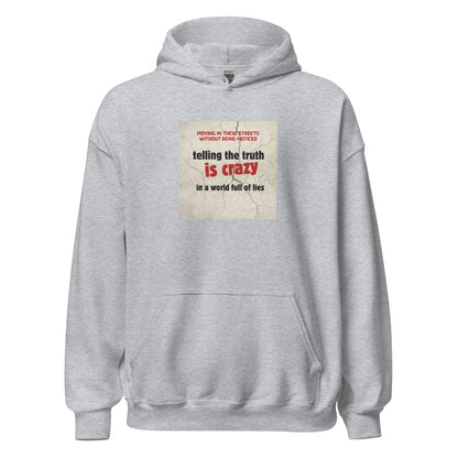 Light gray pullover hoodie with front graphic print and kangaroo pocket, drawstring hood