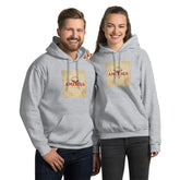 Unisex light gray streetwear hoodie with front “AMERICA” graphic print, kangaroo pocket.