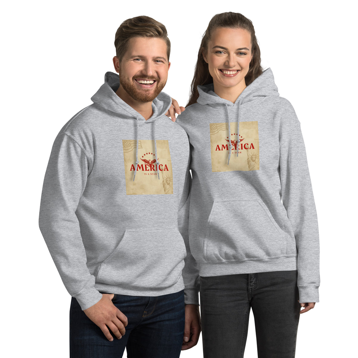Unisex light gray streetwear hoodie with front “AMERICA” graphic print, kangaroo pocket.