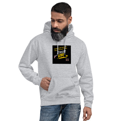 Light gray unisex pullover hoodie with hood, kangaroo pocket, and square chest graphic