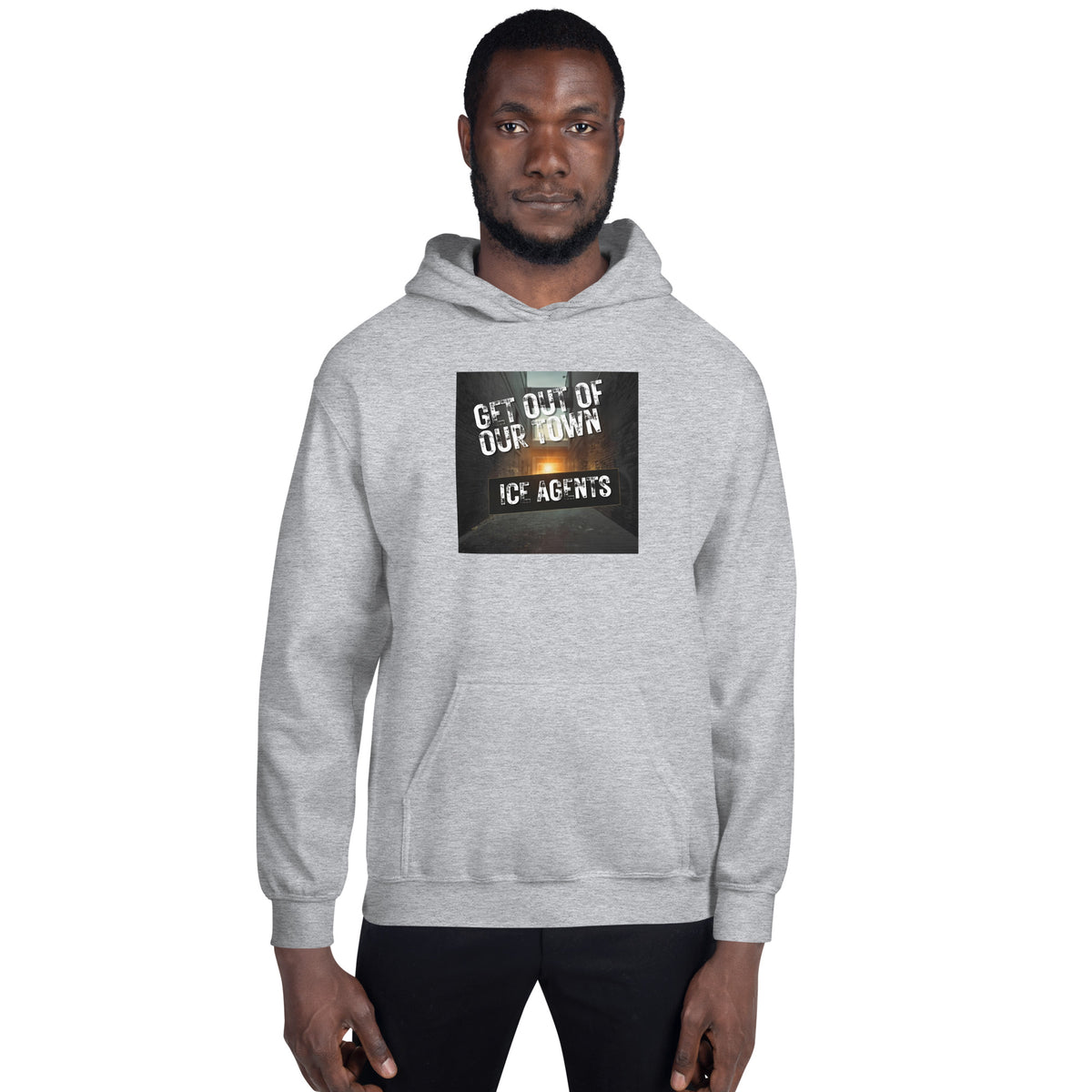 Heather gray pullover hoodie with front “ICE AGENTS” graphic and adjustable hood