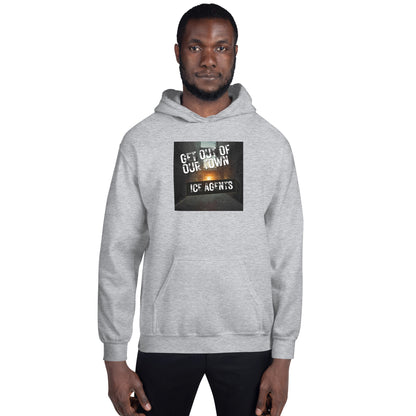 Heather gray pullover hoodie with front “ICE AGENTS” graphic and adjustable hood