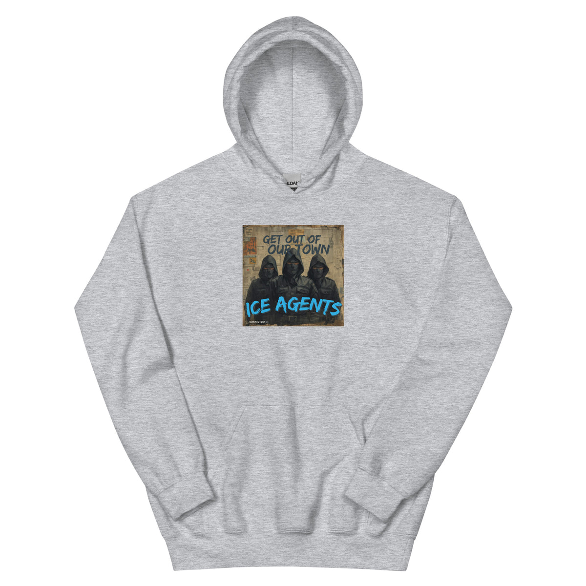 Light gray pullover hoodie with front graphic print and adjustable hood