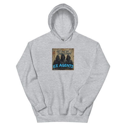 Light gray pullover hoodie with front graphic print and adjustable hood