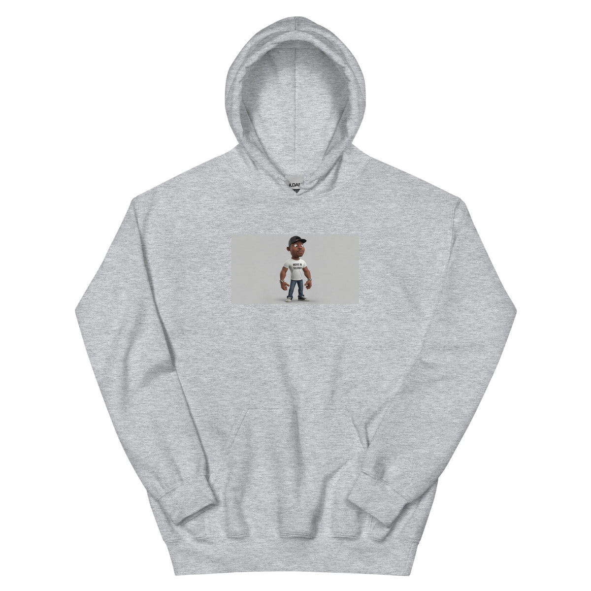Light gray heather unisex hoodie with front pocket and chest graphic