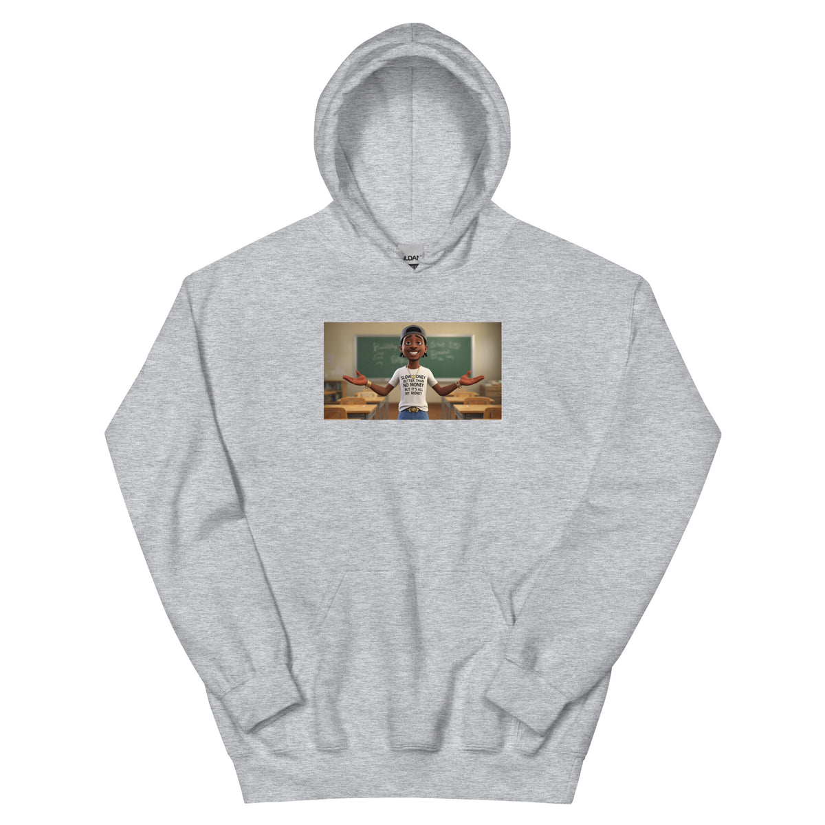 Unisex pullover hoodie in light gray with chest graphic and front kangaroo pocket