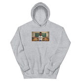 Unisex pullover hoodie in light gray with chest graphic and front kangaroo pocket