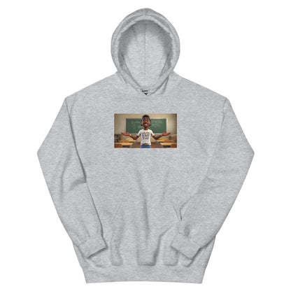 Unisex pullover hoodie in light gray with chest graphic and front kangaroo pocket