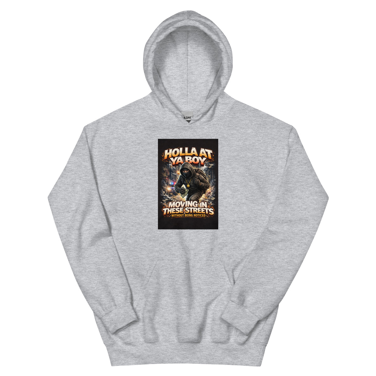 Light gray pullover hoodie with front graphic print and kangaroo pocket