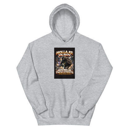 Light gray pullover hoodie with front graphic print and kangaroo pocket