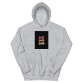Light gray streetwear hoodie with front chest graphic, pullover hood and kangaroo pocket