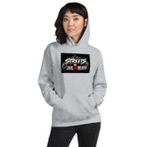 Unisex light gray hoodie with front graphic logo, pullover hood, and kangaroo pocket