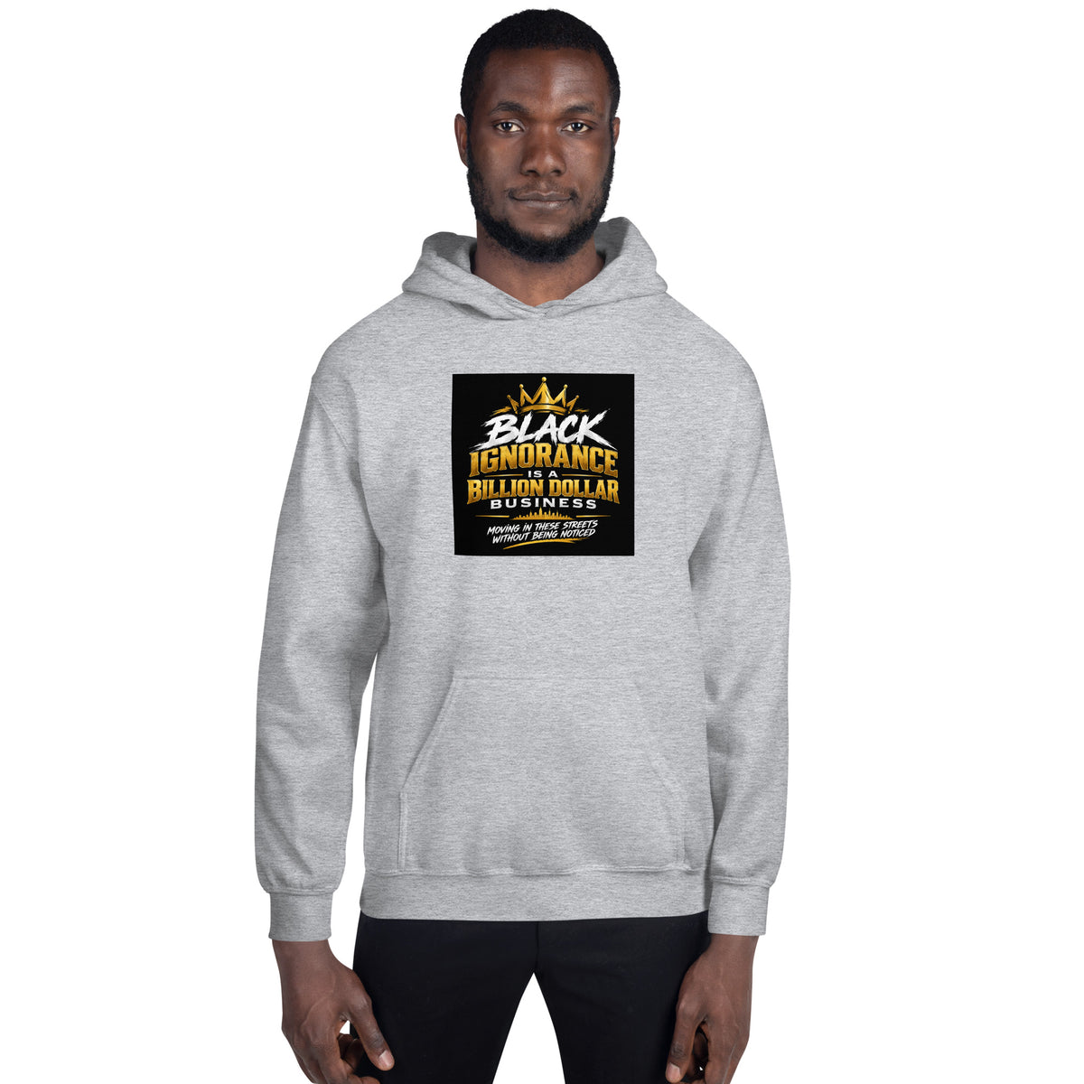 Heather gray unisex pullover hoodie with hood and central chest graphic