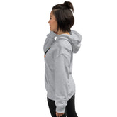 Unisex pullover hoodie, light gray, back side view with hood and kangaroo pocket