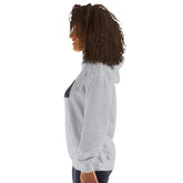 Unisex heather gray hoodie with hood and kangaroo front pocket, side view.