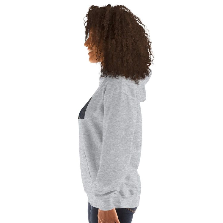 Unisex heather gray hoodie with hood and kangaroo front pocket, side view.