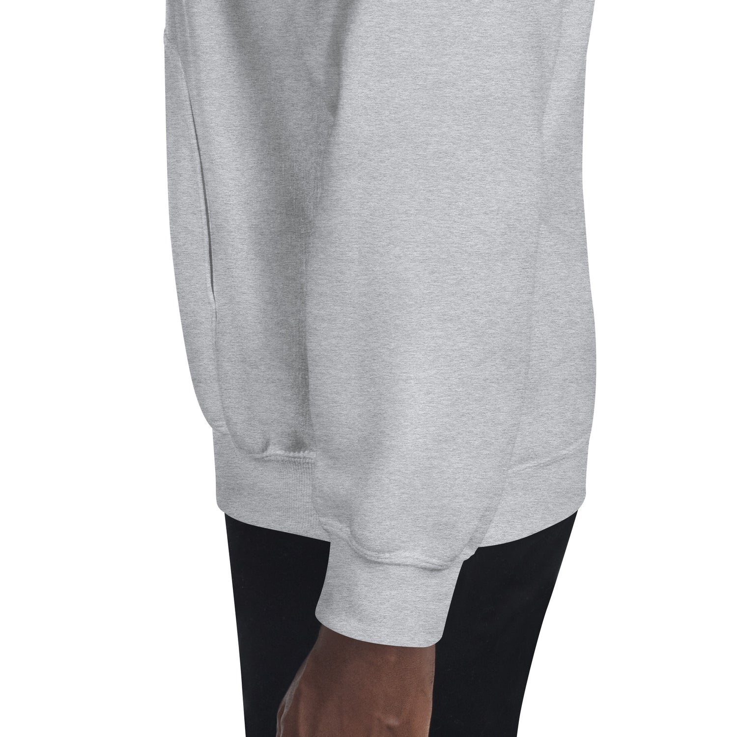 Light gray hoodie hem and large front pouch pocket