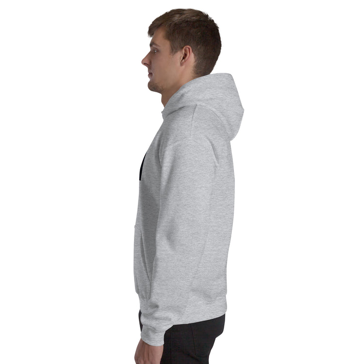 Light gray hoodie, side view with pullover hood and kangaroo pocket.