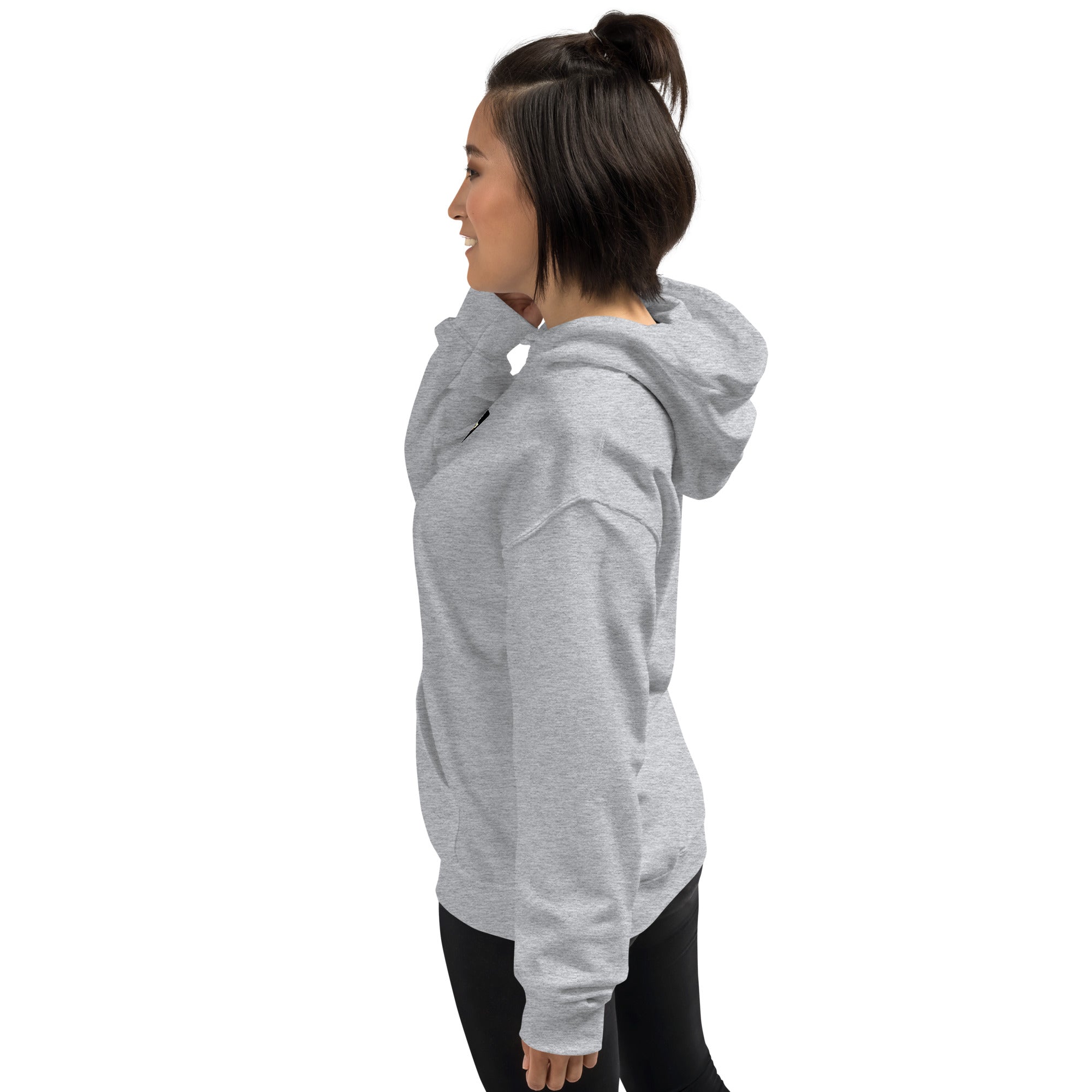 Light gray hoodie side view, hood and kangaroo pocket visible