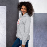 Light gray unisex hoodie with hood, front pouch pocket, and chest graphic patch.