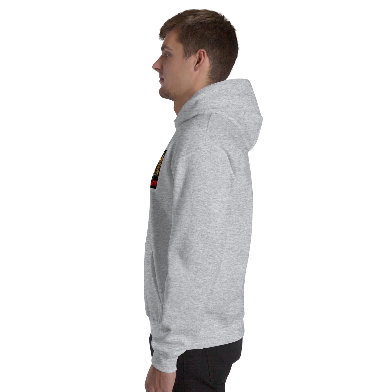 Light gray unisex pullover hoodie, side view with hood and sleeve graphic detail