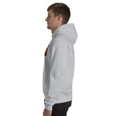 Light gray unisex pullover hoodie, side view with hood and sleeve graphic detail