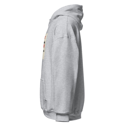 Light gray pullover hoodie side view with sleeve print detail and drawstring hood