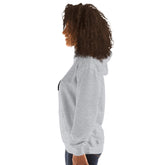 Light gray pullover hoodie side view with drawstring hood