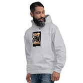 Light gray hoodie with front graphic print, pullover hood and kangaroo pocket.