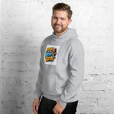 Unisex gray hoodie with chest logo graphic, hood and kangaroo pocket