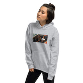 Unisex pullover hoodie, light gray, side view with front graphic and kangaroo pocket