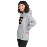 Unisex heather gray hoodie with hood, front chest graphic, and kangaroo pocket