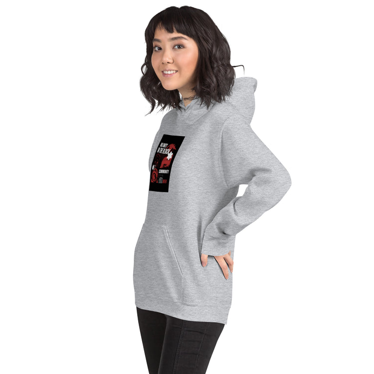 Unisex heather gray hoodie with hood, front chest graphic, and kangaroo pocket