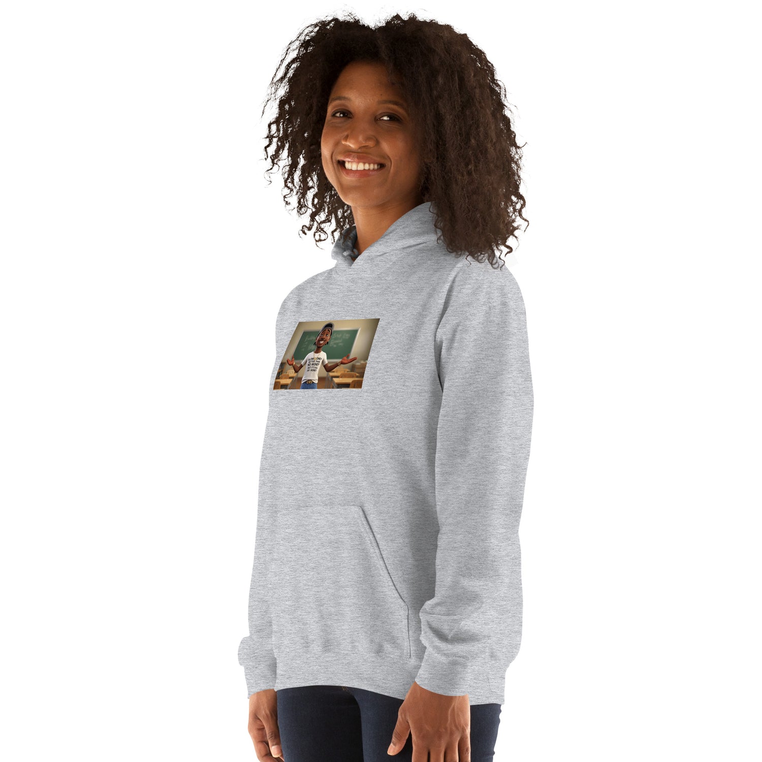 Light gray unisex hoodie, front three-quarter view with chest graphic