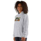 Light gray unisex hoodie, front three-quarter view with chest graphic