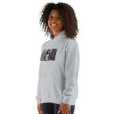 Unisex heather gray hoodie with hood, kangaroo pocket, and chest graphic print.