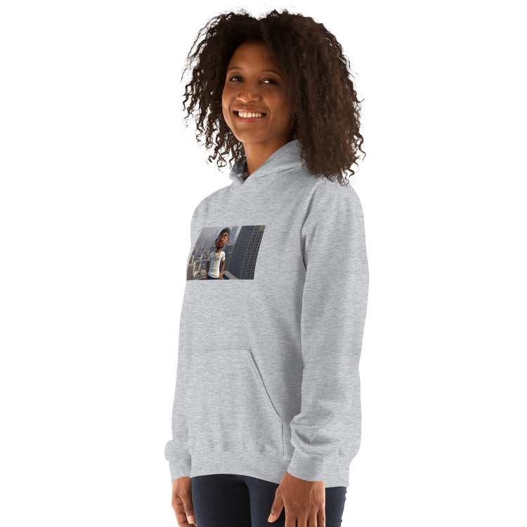 Unisex heather gray hoodie with hood, kangaroo pocket, and chest graphic print.