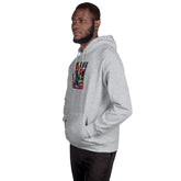 Unisex pullover hoodie, heather gray, front graphic patch, kangaroo pocket, hood