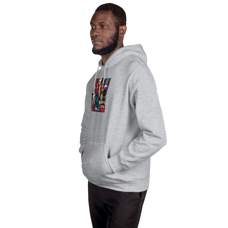 Unisex pullover hoodie, heather gray, front graphic patch, kangaroo pocket, hood