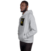 Heather gray unisex hoodie with front pouch pocket, hood, and chest graphic patch