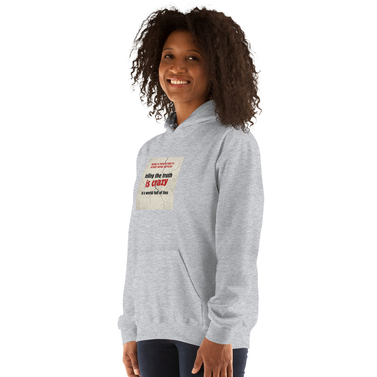 Light gray hoodie with hood and front graphic print, front 3/4 view.