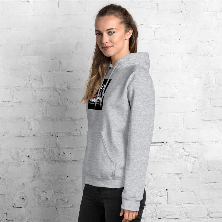 Unisex gray pullover hoodie with kangaroo pocket and chest logo patch