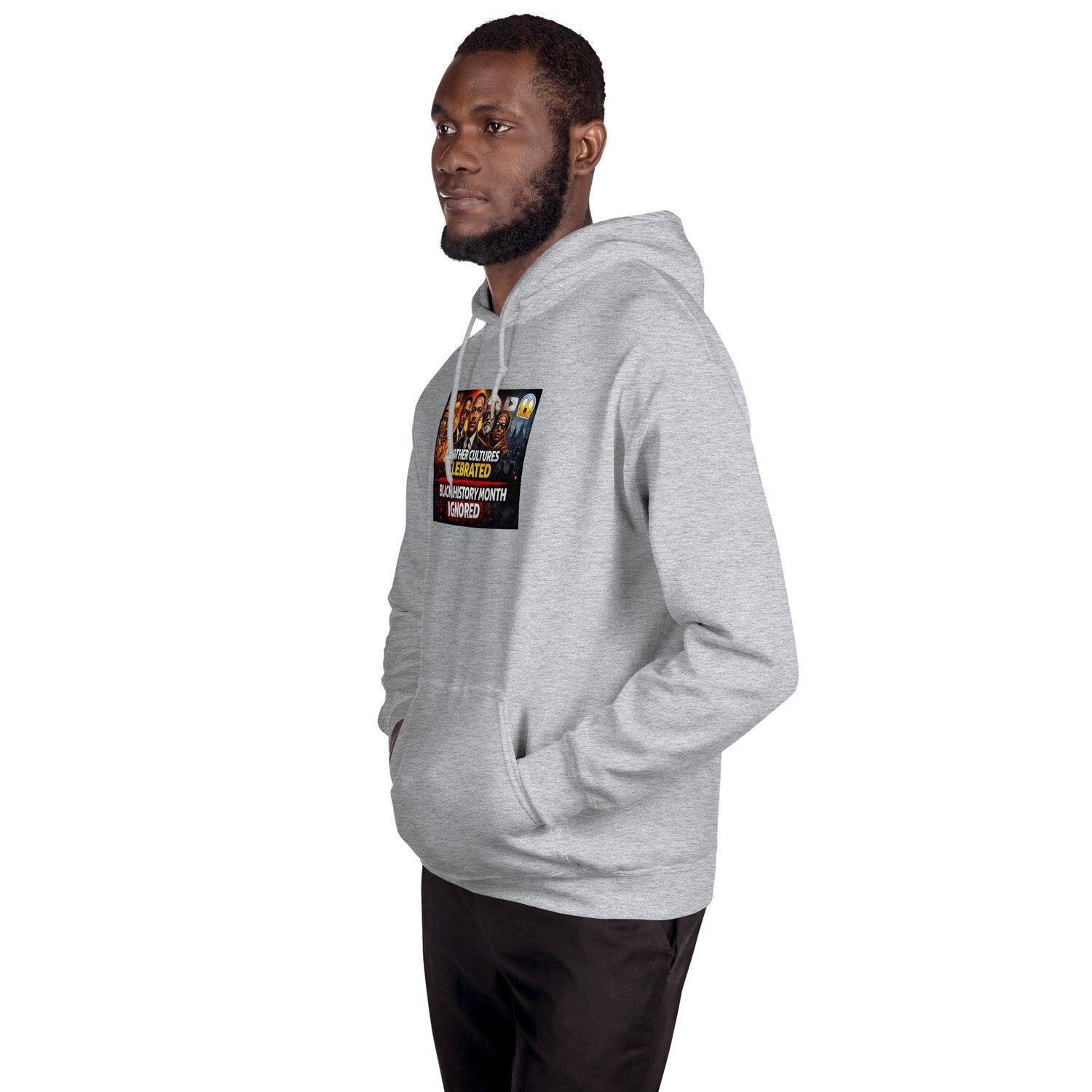 Light gray unisex hoodie with front graphic and kangaroo pocket