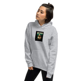 Light gray unisex hoodie front view, hood and square chest logo