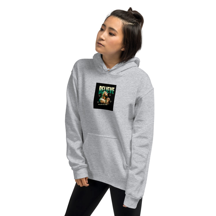 Light gray unisex hoodie front view, hood and square chest logo