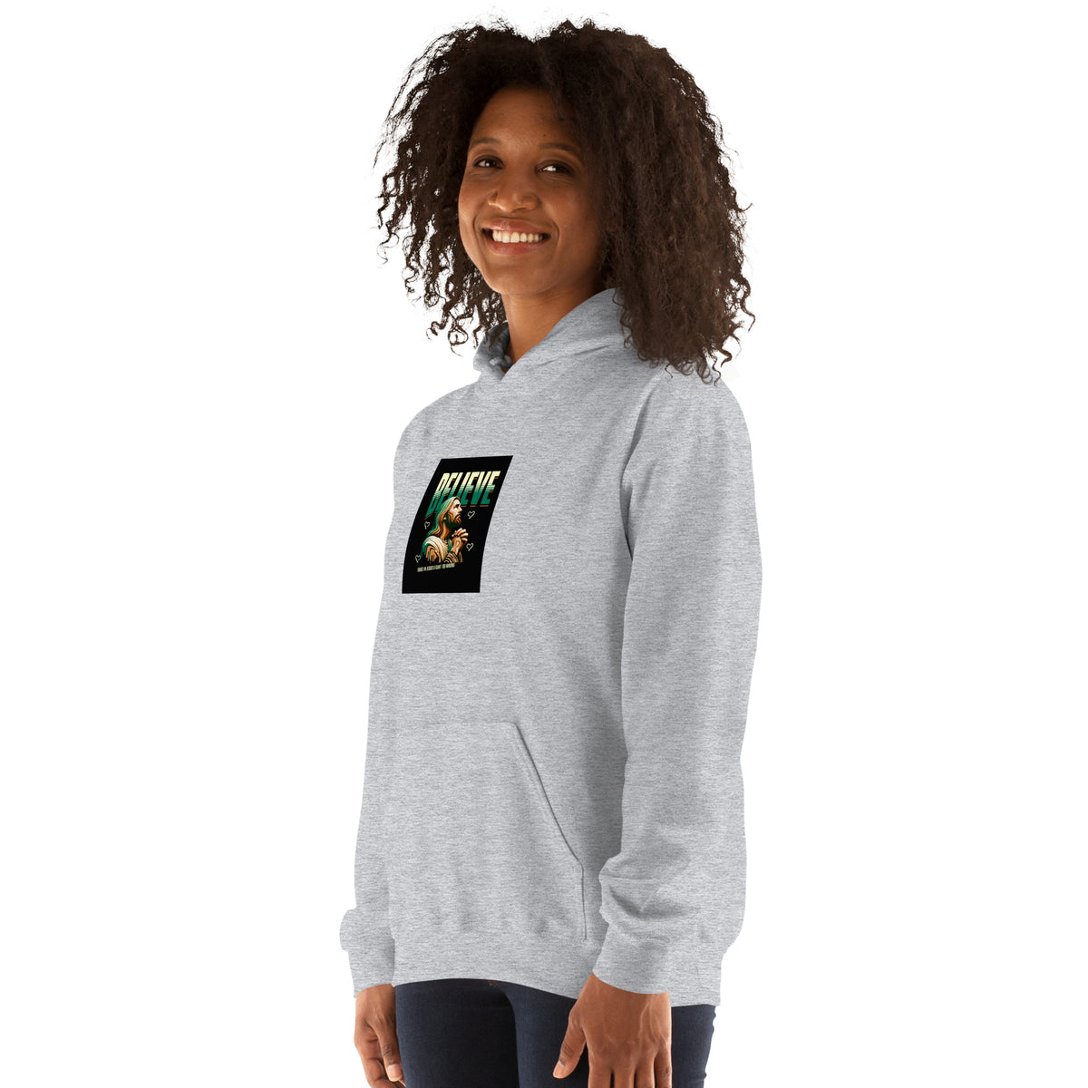 Light gray pullover hoodie front view with faith graphic and drawstring hood